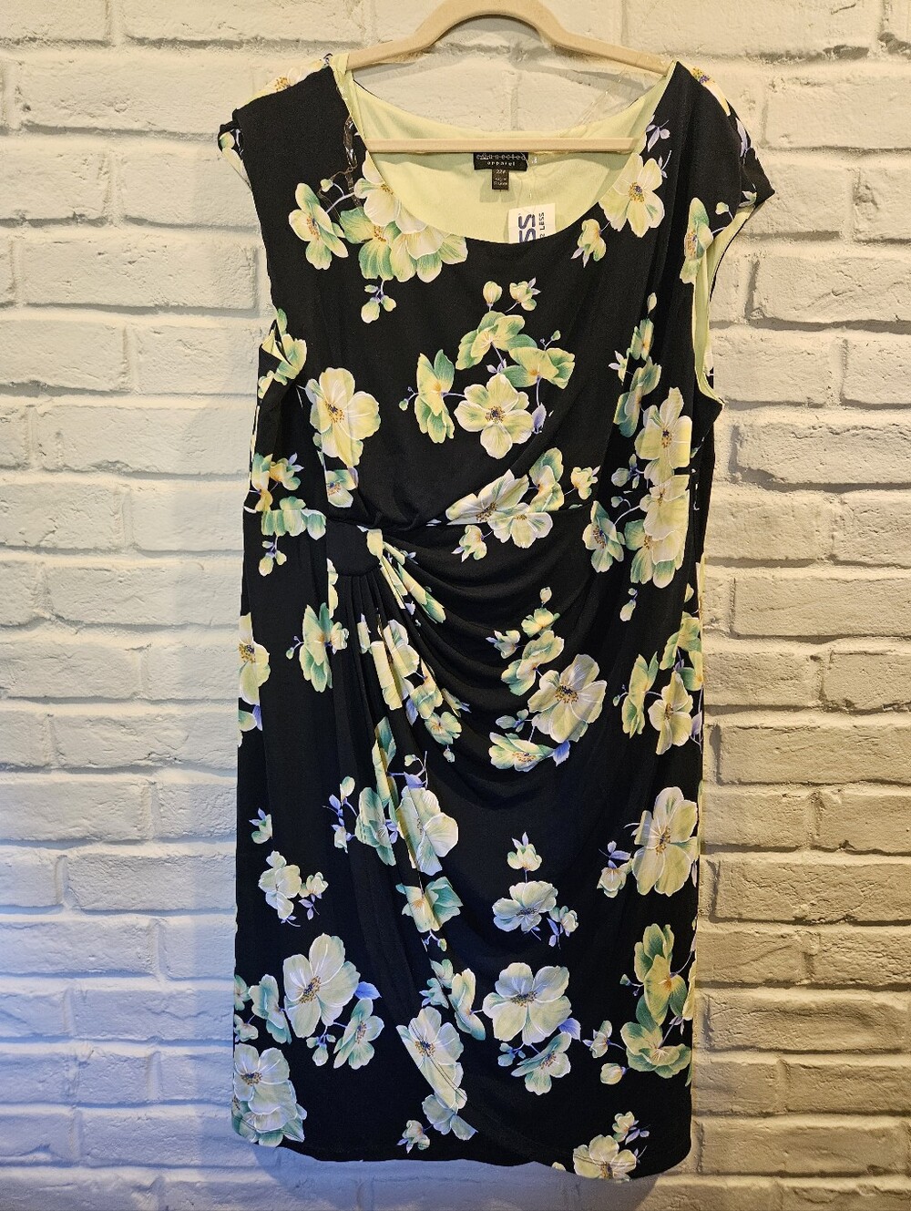 New Tags Connected Apparel Navy Blue, Yellow, Green Floral Draped Dress Plus 22W